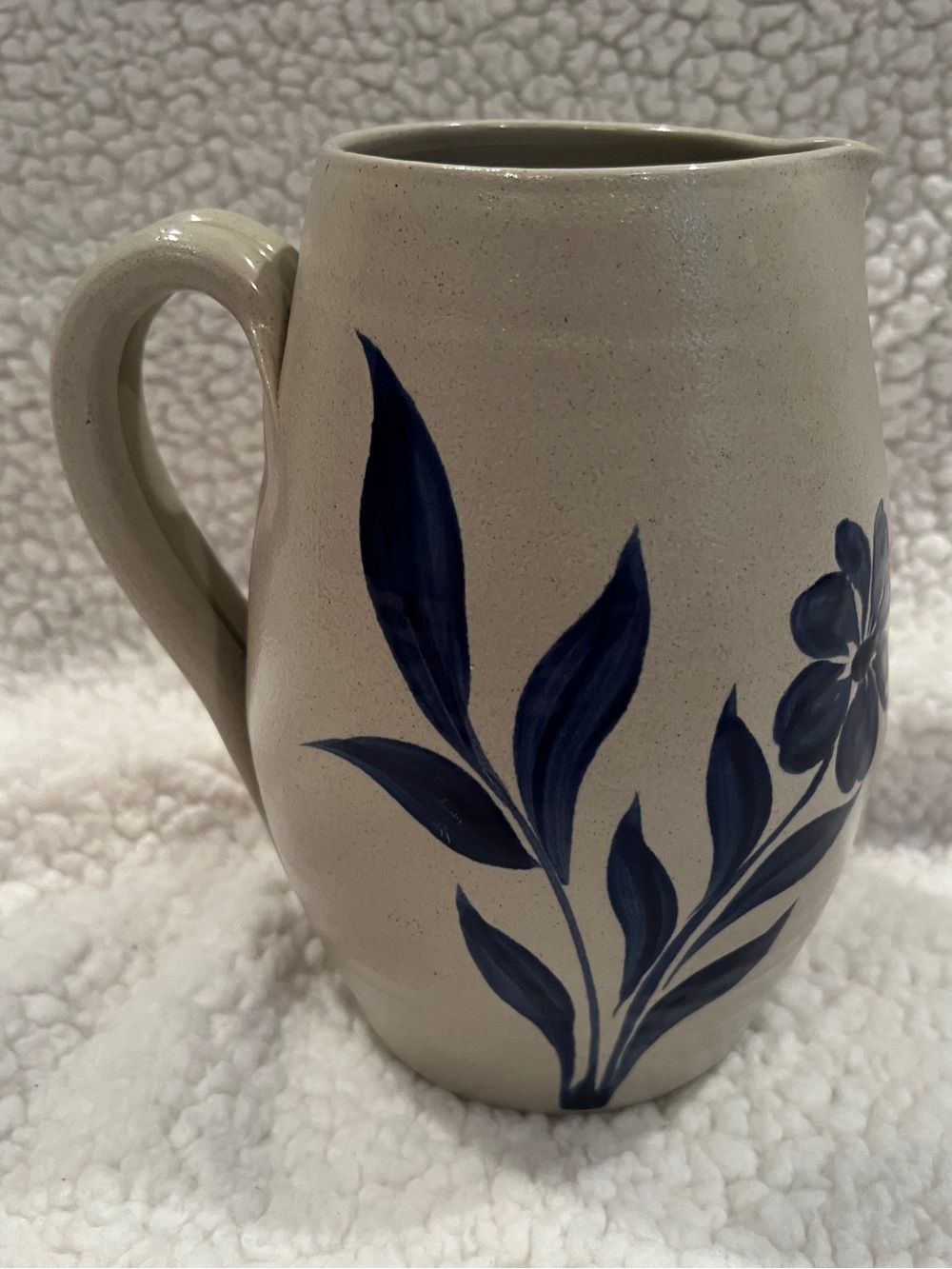 Williamsburg Pottery Salt Glaze Pitcher with Cobalt Blue Flowers, 1993